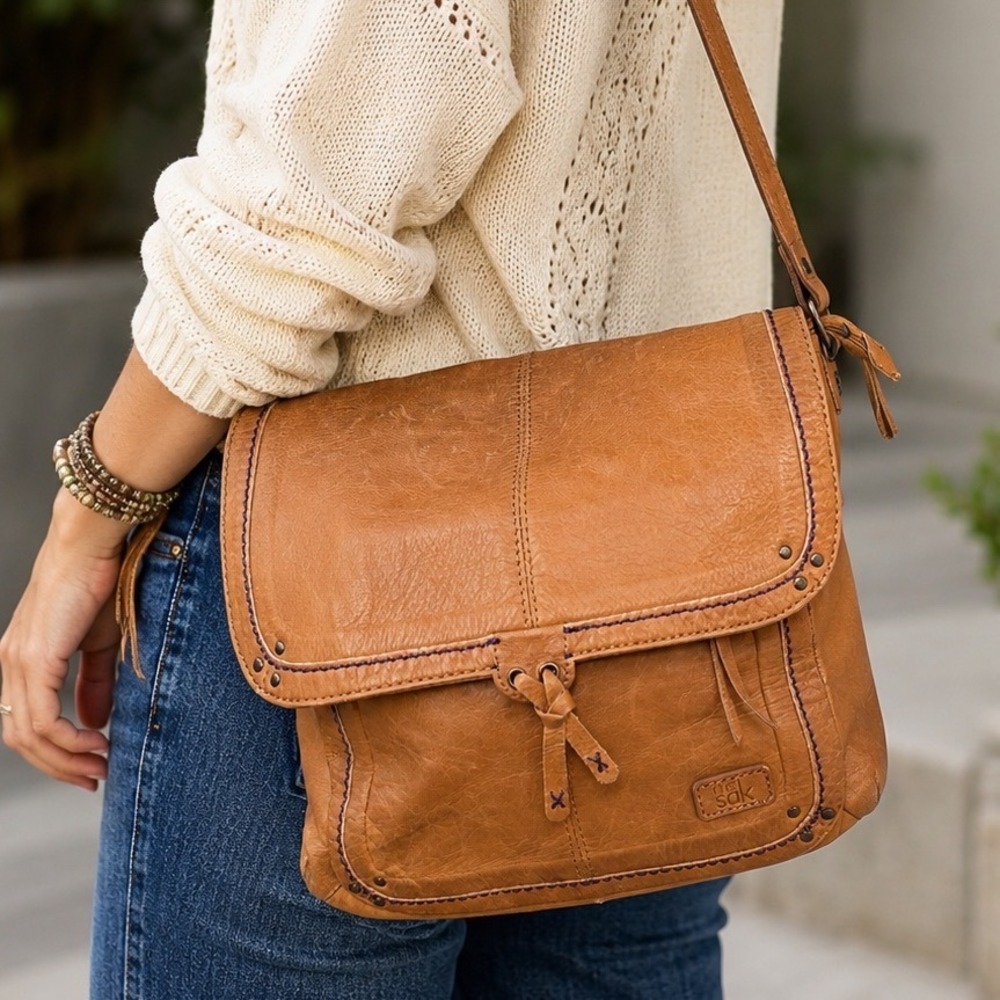 The Sak Cognac Leather‎ Messenger Bag Boho Crossbody Satchel Shoulder Purse - Picture 9 of 9